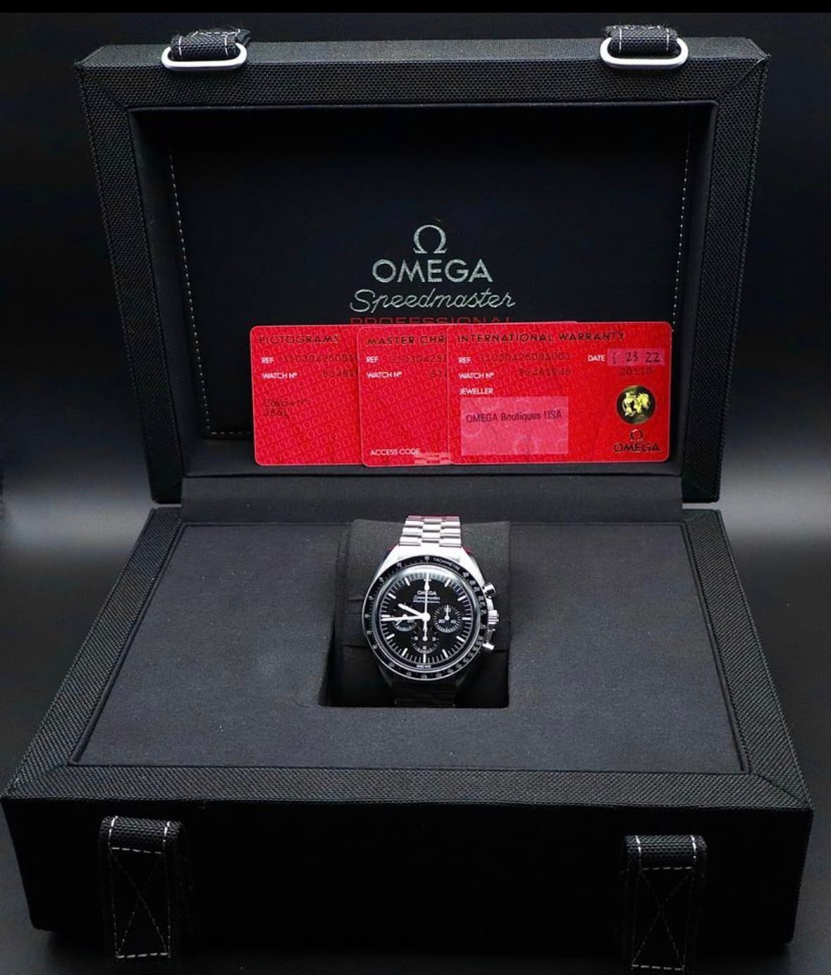 OMEGA Seamaster Planet Ocean 600M Deep Black GMT 215.92.46.22.01.003 — full set with OMEGA presentation box and papers